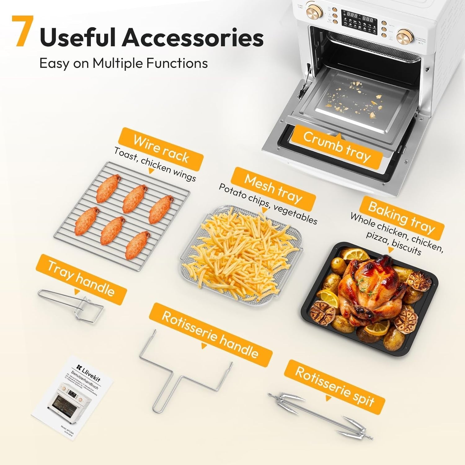 26L Air Fryer Oven 14 Programs 1700W 360 Hot Air Window Light 7 Accessories
