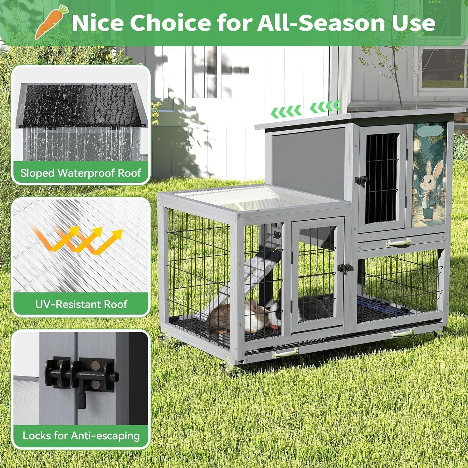 Large 2 Tier Rabbit Hutch with Run Wheels Removable Trays Ramp