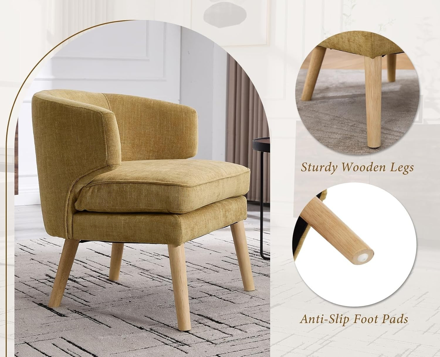 Yellow Chenille Accent Chair Armchair Tub Seat Wooden Legs Lounge Sofa
