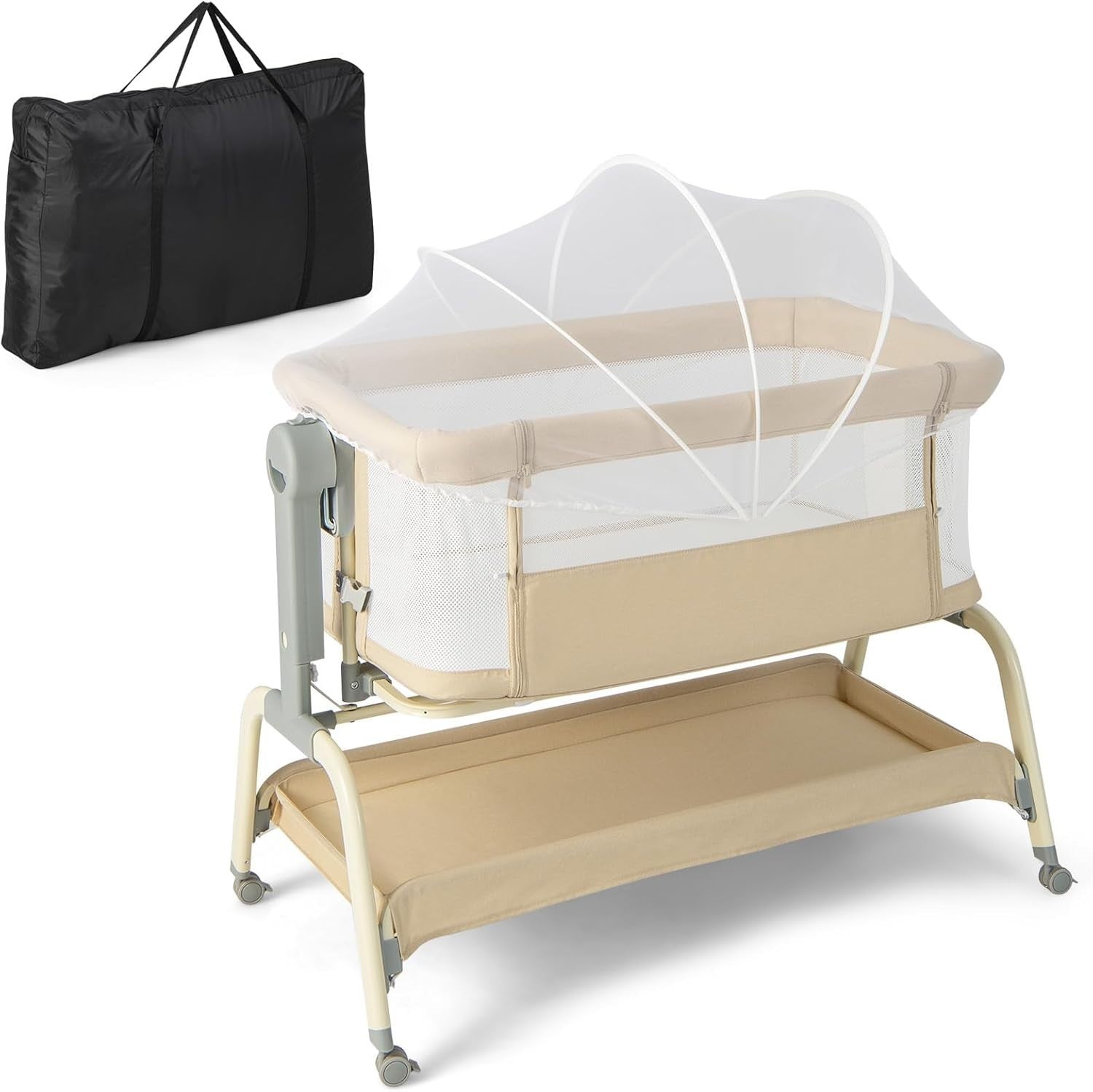 4in1 Baby Bedside Crib Adjustable Rocking Bassinet with Mattress & Storage Beige