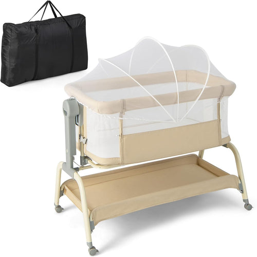4in1 Baby Bedside Crib Adjustable Rocking Bassinet with Mattress & Storage Beige