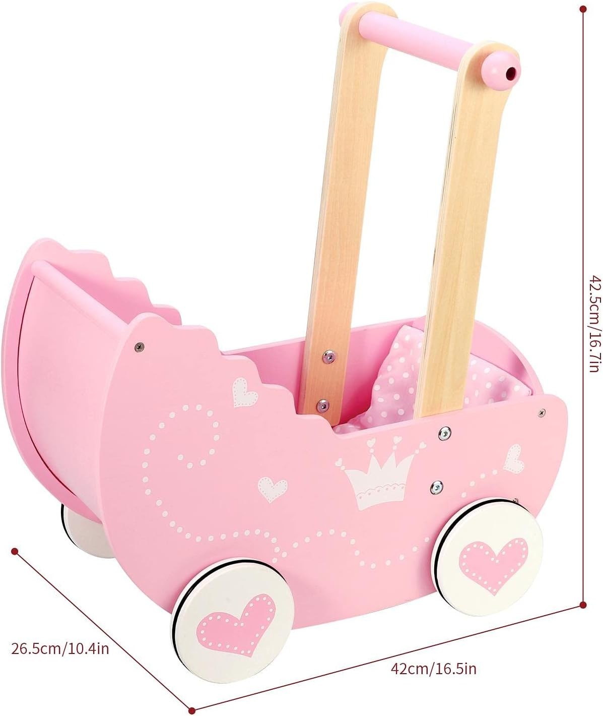 Wooden Doll Pram Push Along Pink Princess Toy with Bedding 3+