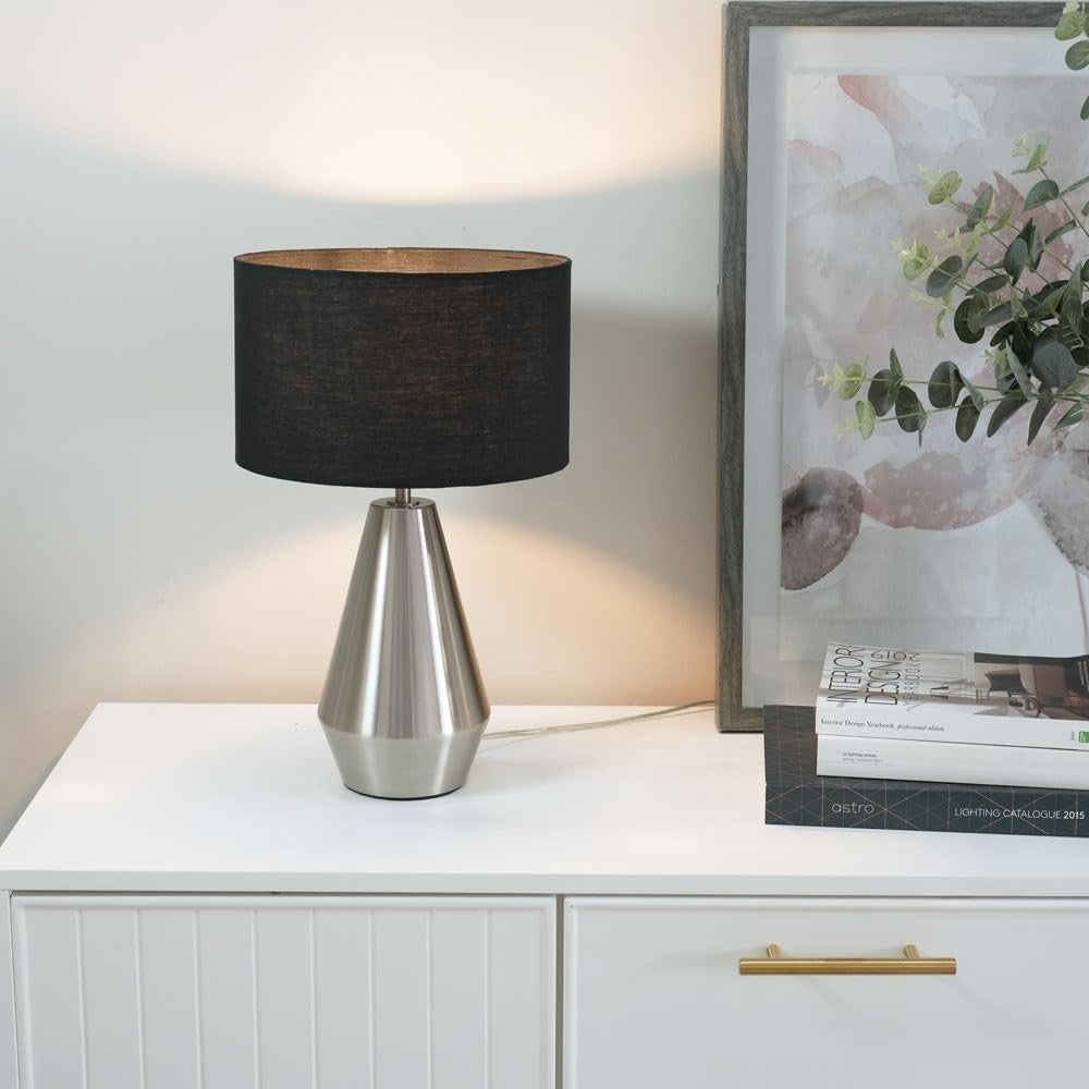Silver Touch Dimmer Table Lamp Black Drum Shade Bedside LED Light