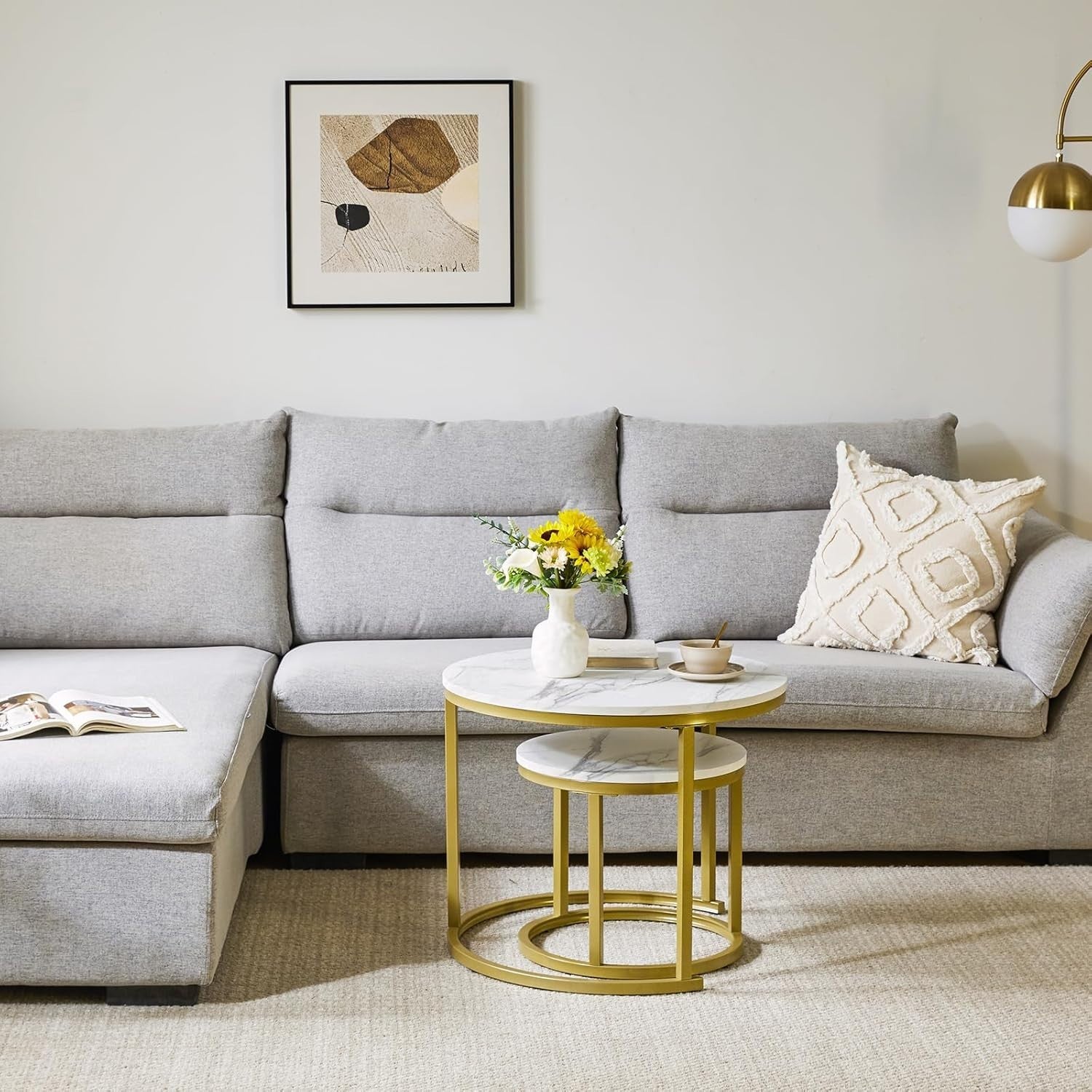 Round Nesting Coffee Tables Set of 2 – Space Saving Modern White Gold Side Table