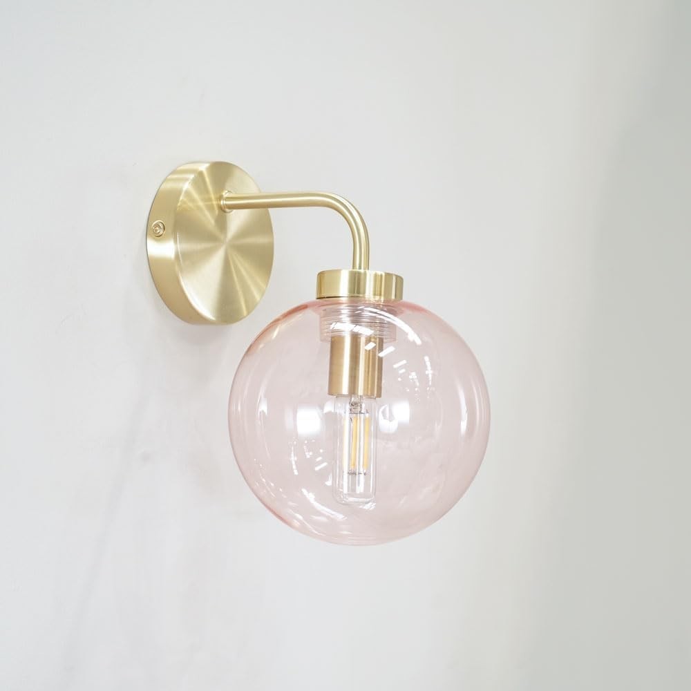 Brushed Gold Wall Lights with Pink Glass Globe Shade, Pair, Elegant Decor