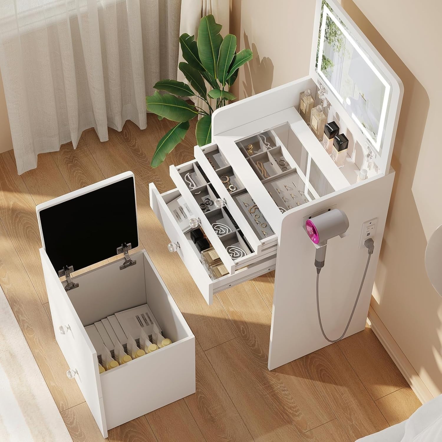 Vanity Makeup Desk Table Set 3-in-1 LED Mirror Computer Hidden Storage (77 chara