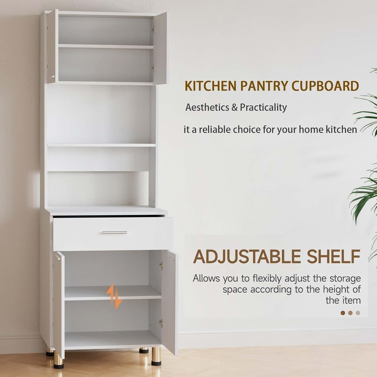 White 180cm Tall Kitchen Cupboard 2 Doors 1 Drawer Storage Sideboard