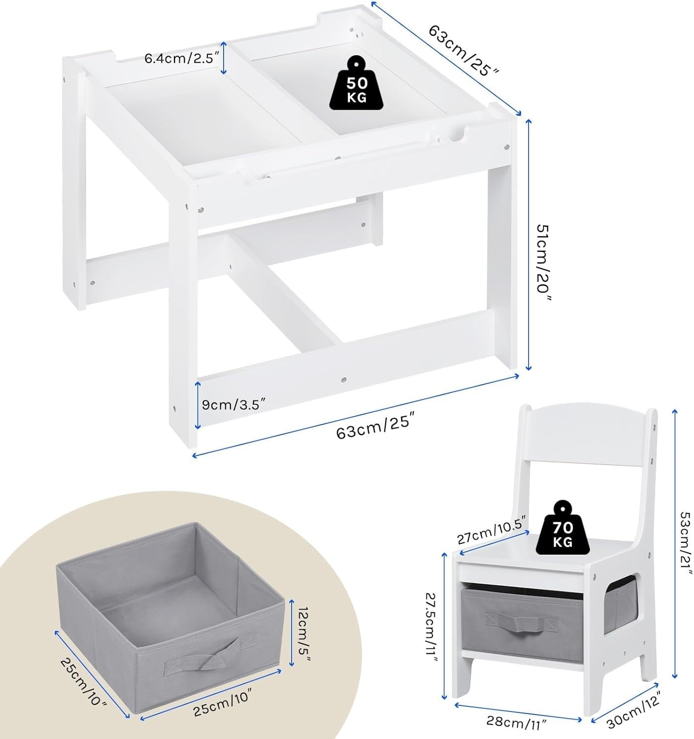 3-in-1 Kids Table & Chair Set with Storage Boxes, Space-Saving Bench