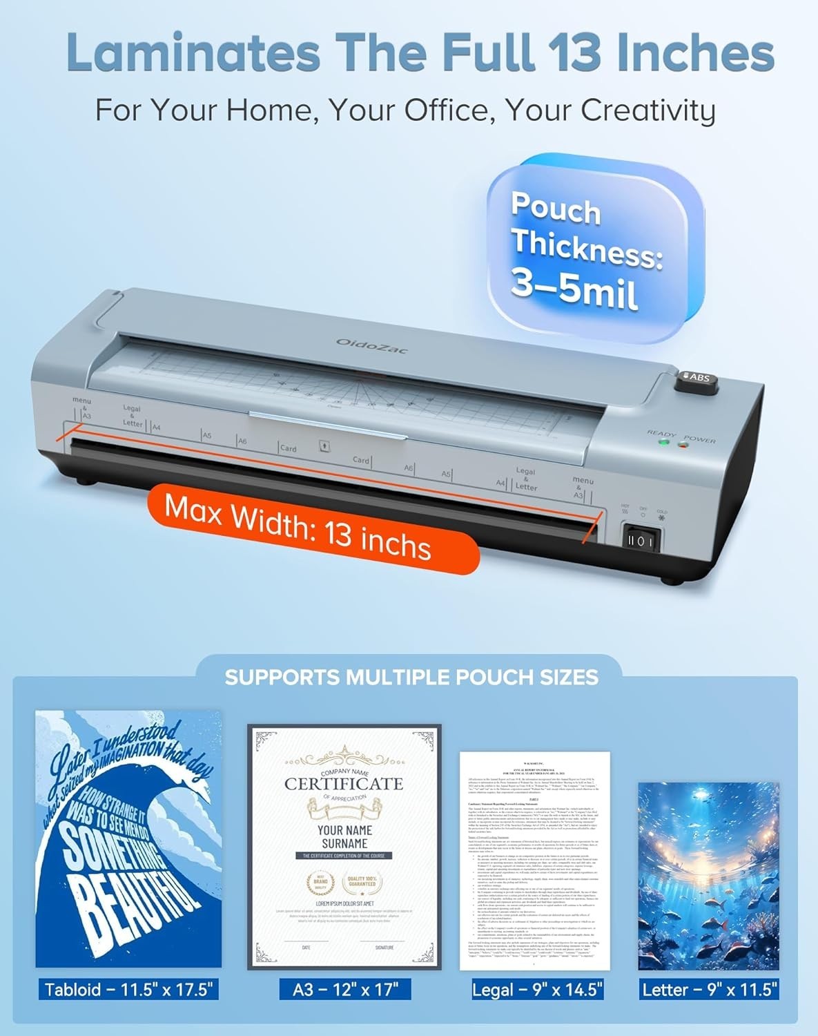 A3 13-Inch Laminator Hot Cold No Jam 10-in-1 Built-In Trimmer + Sheets