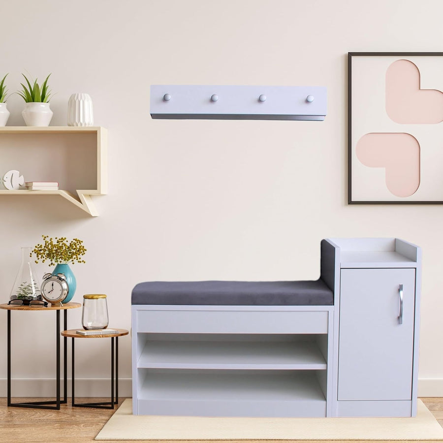 White Shoe Bench with Cushion & Wall Coat Rack Set Hallway Storage 100x35x60cm