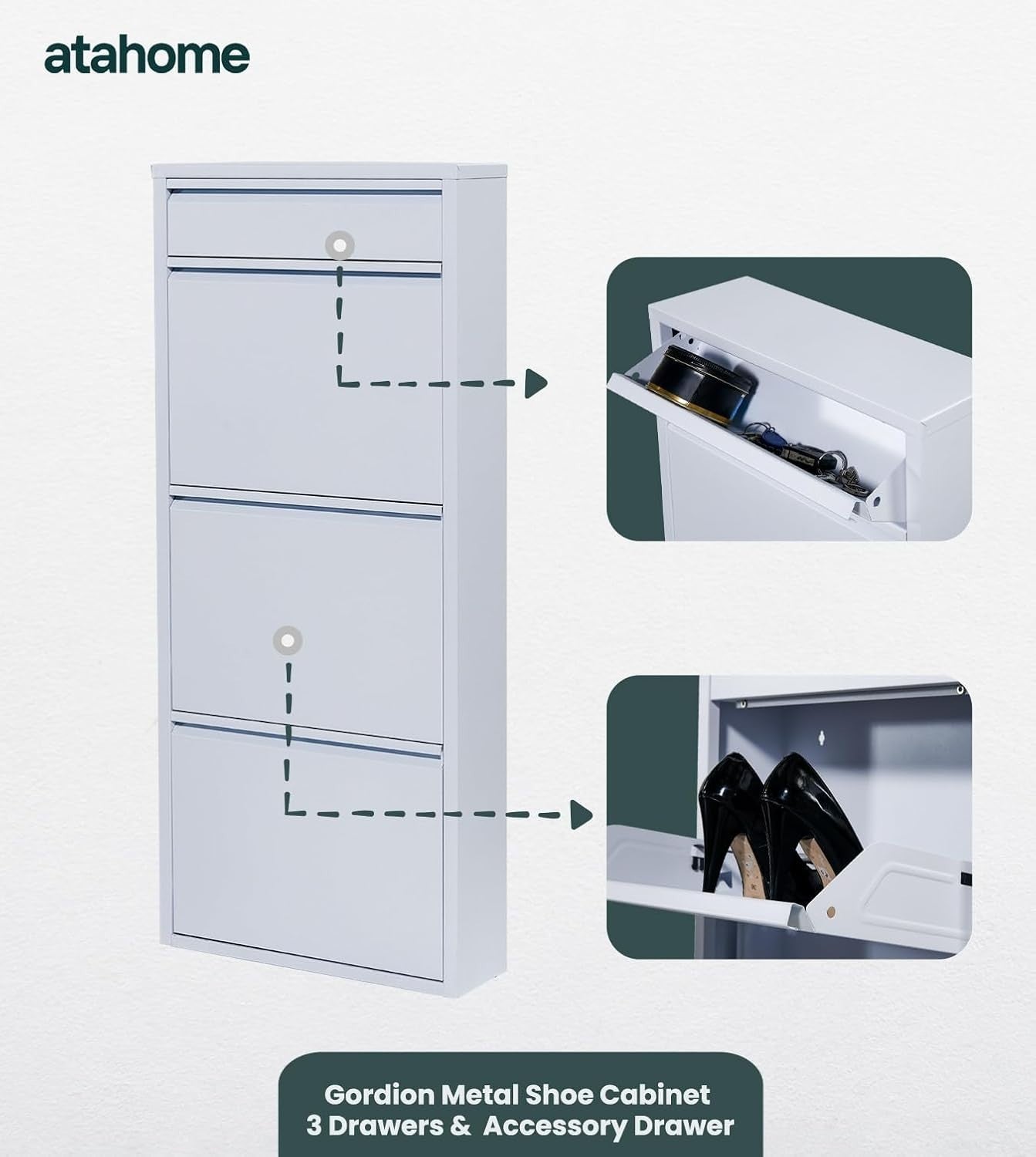 Slim Wall Mounted Shoe Cabinet 3+1 Drawer Metal Storage Rack 114cm White