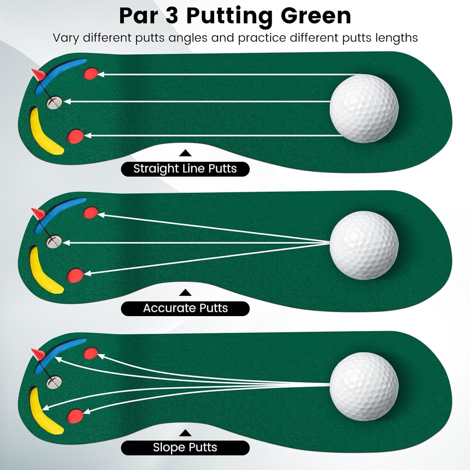 Golf Putting Green Mat Indoor Outdoor Training Set 3 Holes Flag Practice