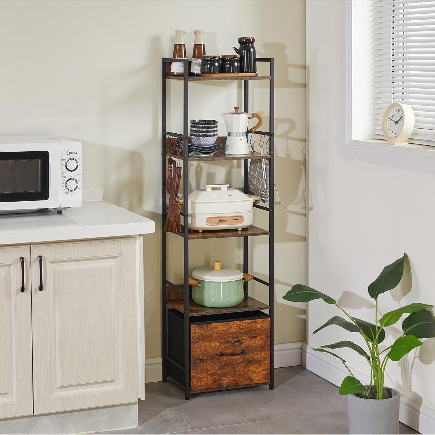 5 Tier Industrial Bookcase with Fabric Drawers Metal Frame Rustic Brown