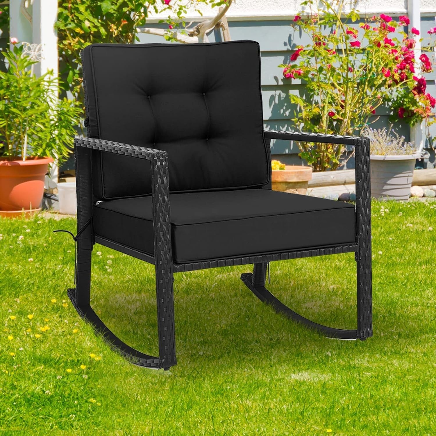Outdoor Rattan Rocking Chair Black with Cushions, Armrests & Iron Frame