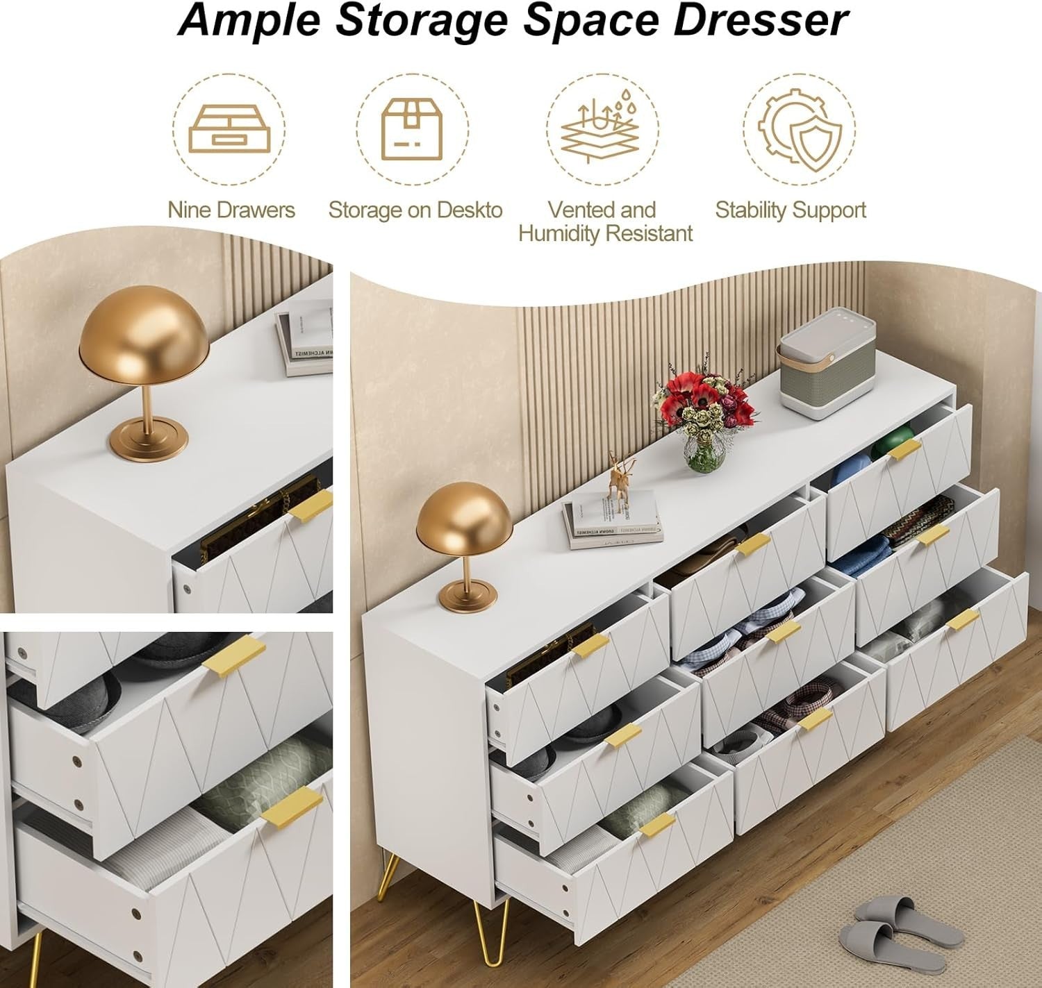 White 9 Drawer Dresser Cabinet Modern Wide Storage Unit for Bedroom Hallway