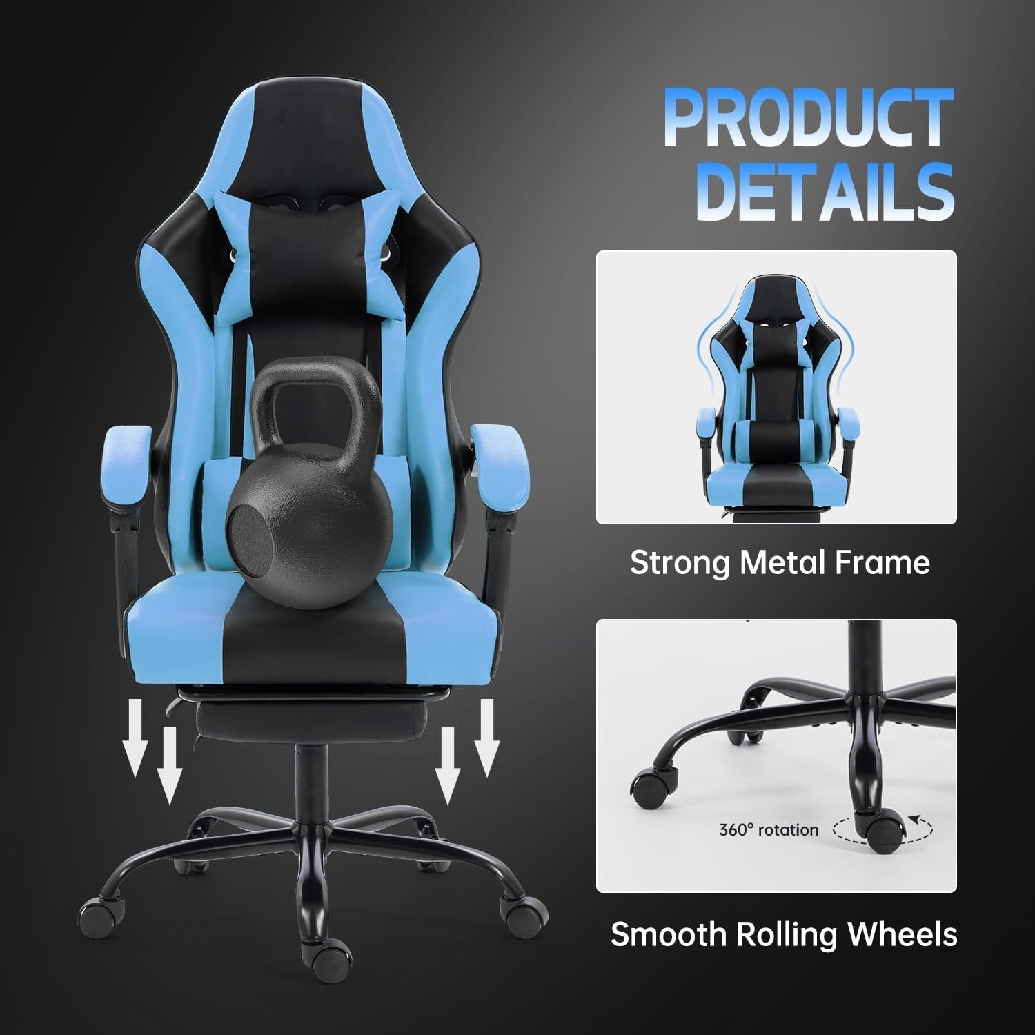 Blue Ergonomic Gaming Chair Recliner Swivel Lumbar Support