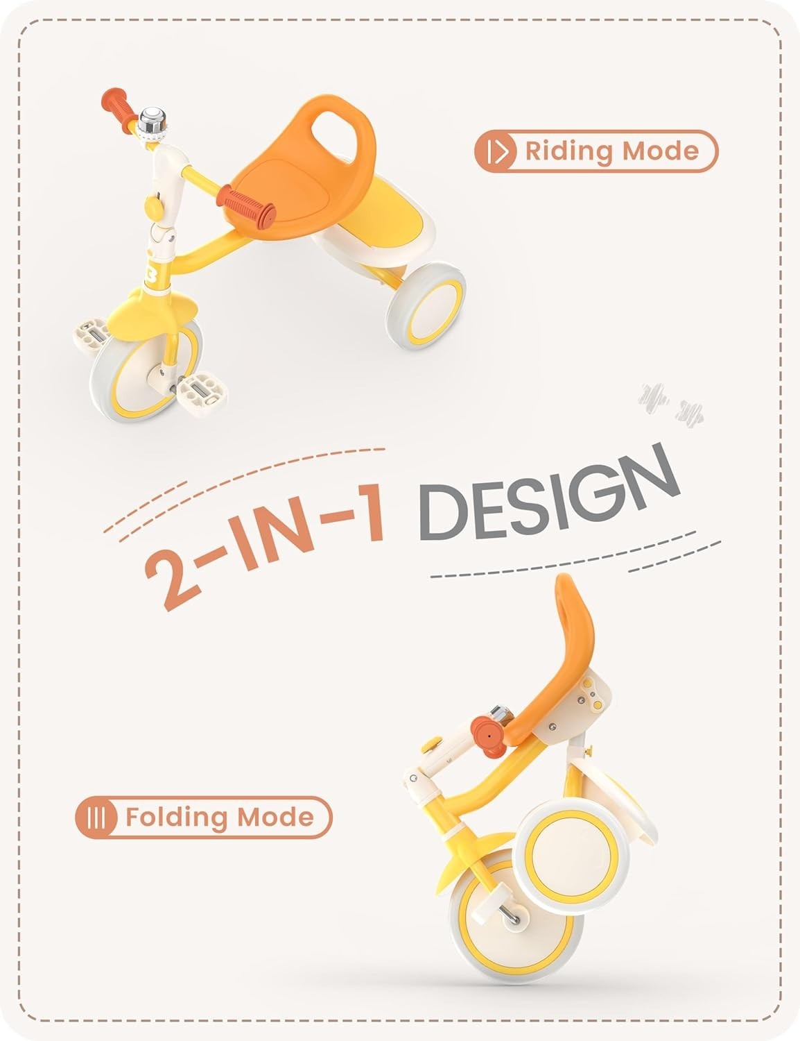Foldable Toddler Tricycle Adjustable Seat Kids Trike Yellow Age 18M-5Y