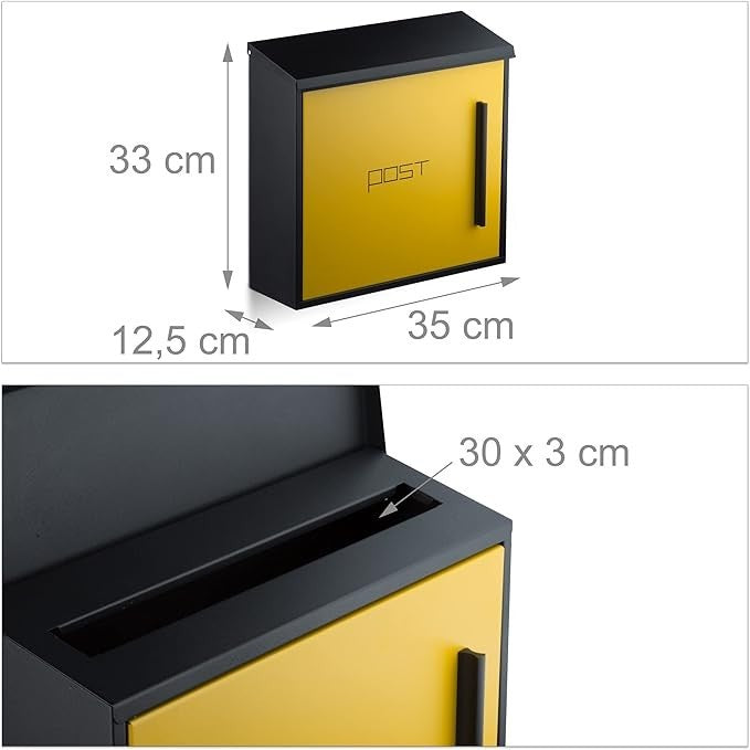 Wall Mounted Lockable Steel Letterbox Black-Yellow DIN A4 Slot Weatherproof