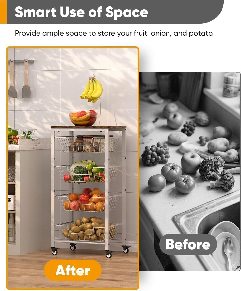 5 Tier Kitchen Storage Cart Pull Out Wire Basket Fruit Vegetable Trolley