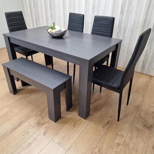 6 Seater Dark Grey Dining Table Set with 4 Chairs & Bench Faux Leather