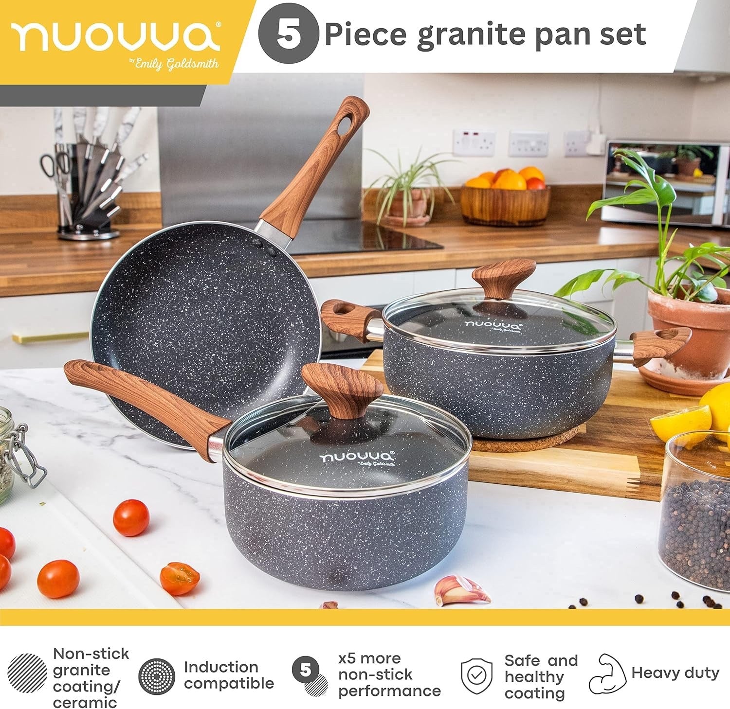 5pcs Marble Non Stick Cookware Set with Lids – Induction & Gas Compatible Pots