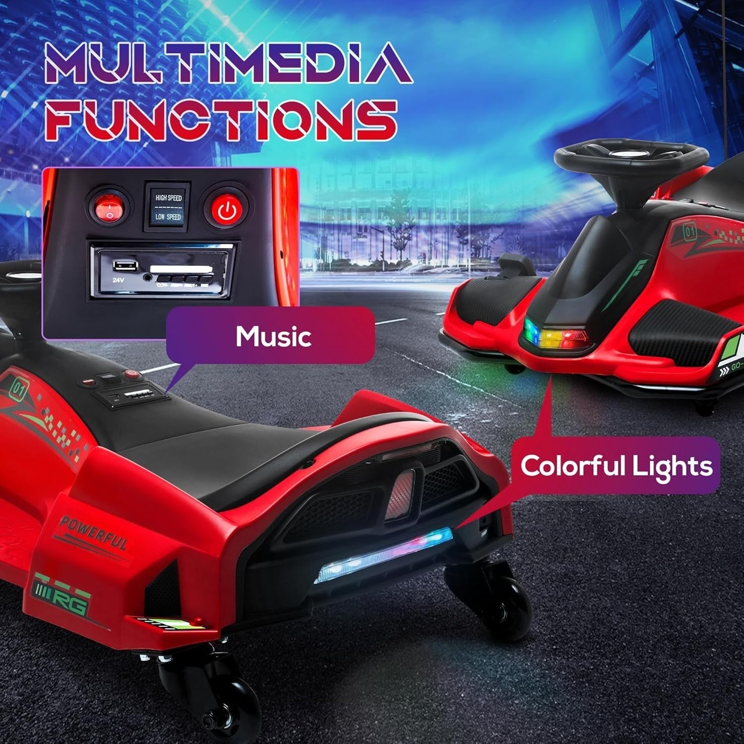 12V Electric Drift Go Kart Kids Ride On Car LED Lights Music 50kg Red