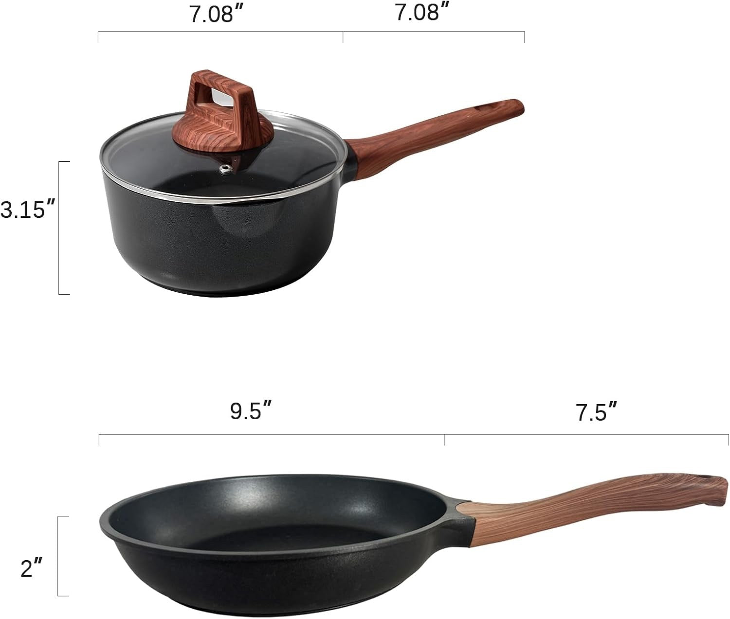 3Pcs Black Granite Non Stick Cookware Set Frying Pan Skillet Saucepan with Lid