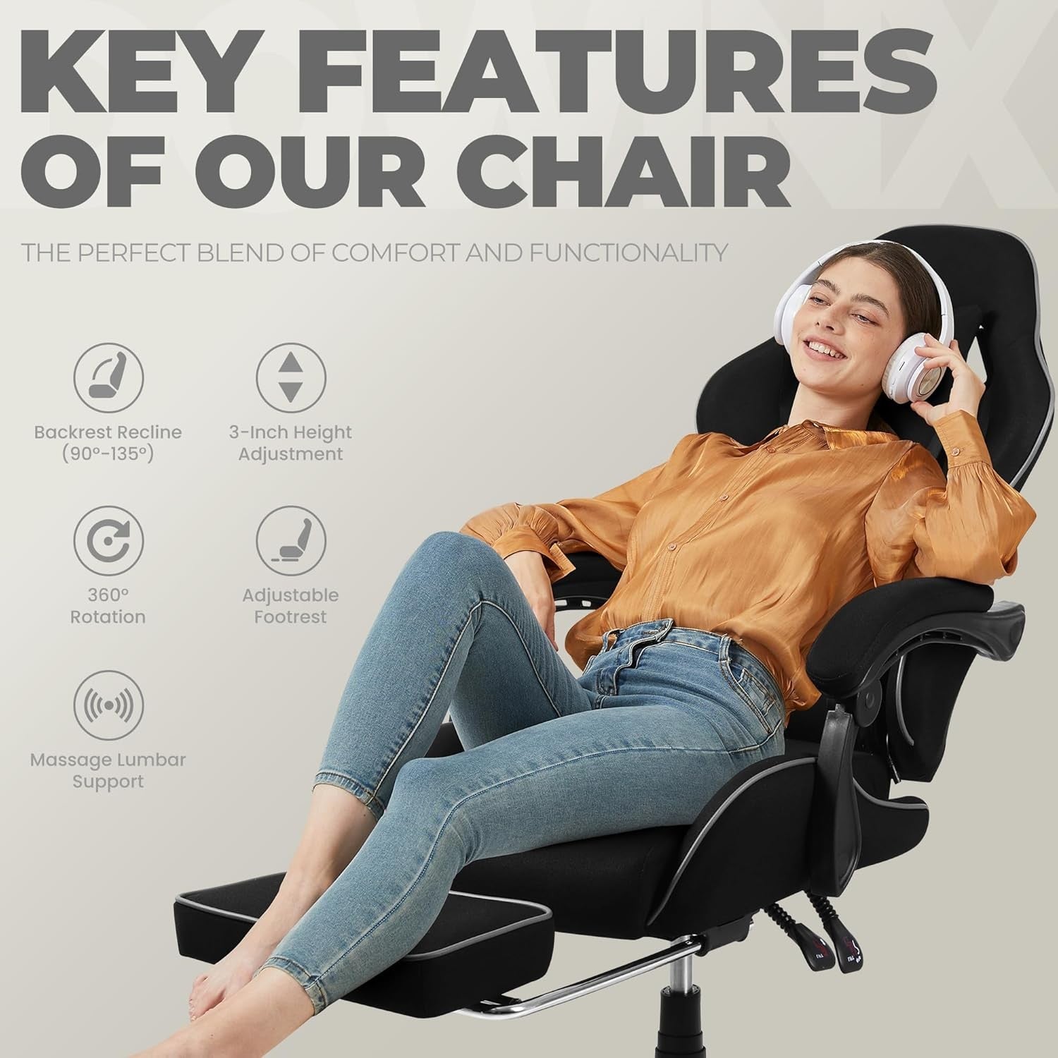 Ergonomic Gaming Chair with Footrest Massage Lumbar 150kg Black