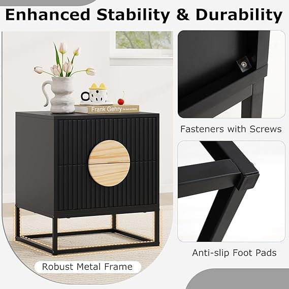 Set of 2 Black Modern Bedside Tables – Dual Drawers Metal Frame Wood Accent