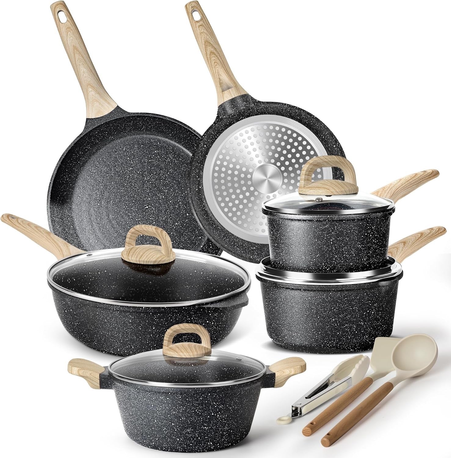13pcs Non-Stick Granite Cookware Set Induction Ready with Lids & Utensils
