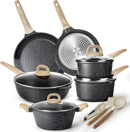 13pcs Non-Stick Granite Cookware Set Induction Ready with Lids & Utensils