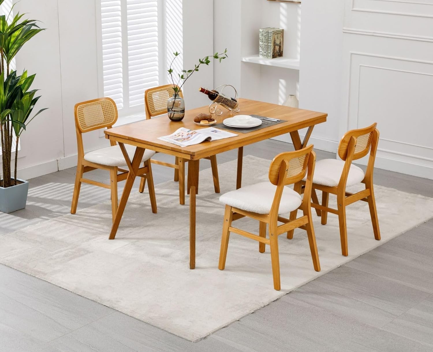 Rattan Dining Chairs Set of 2 Upholstered Retro Kitchen Chairs Solid Wood Legs