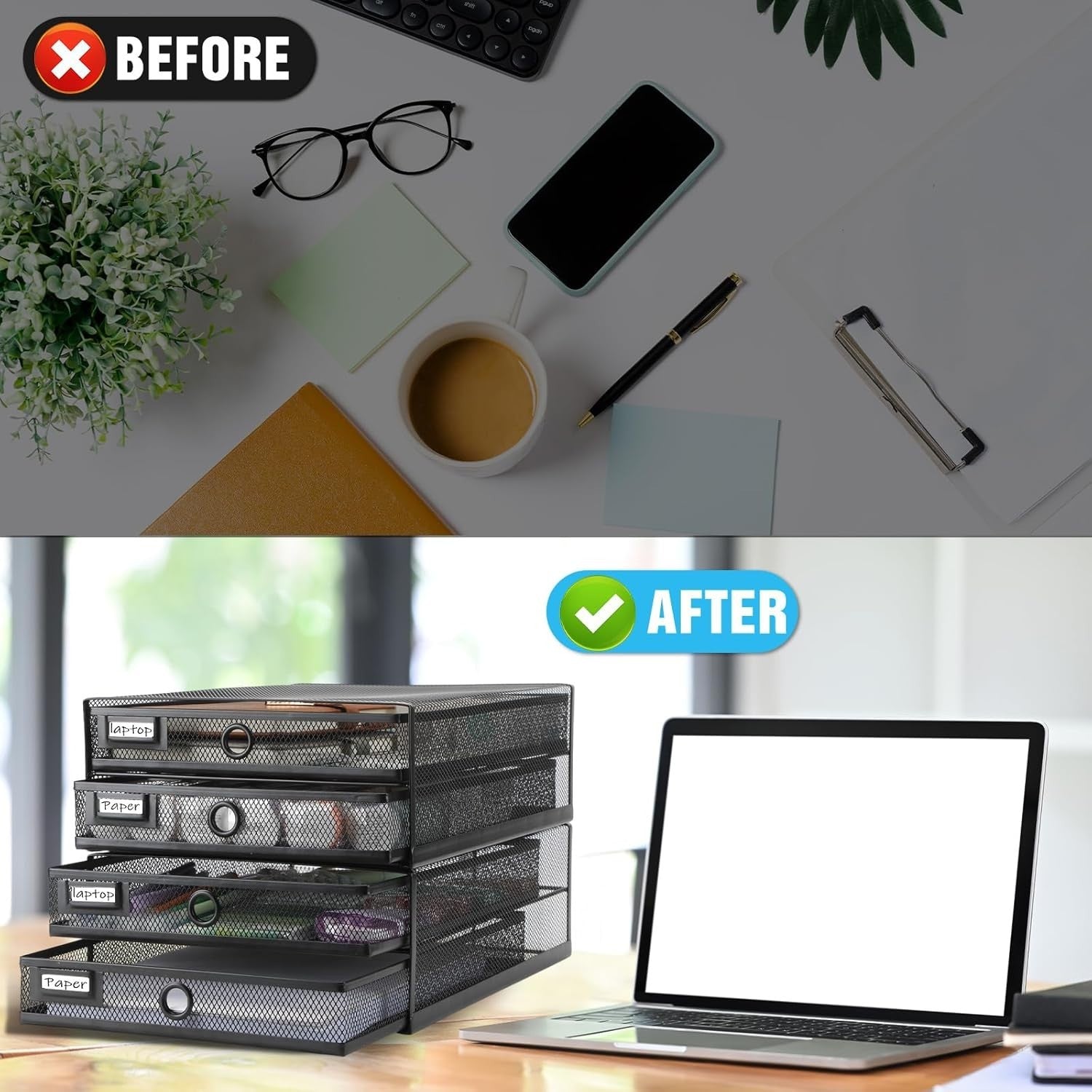 2-Tier Metal Desk Organizer with Drawers – Large A4 Paper Storage, Office Tray