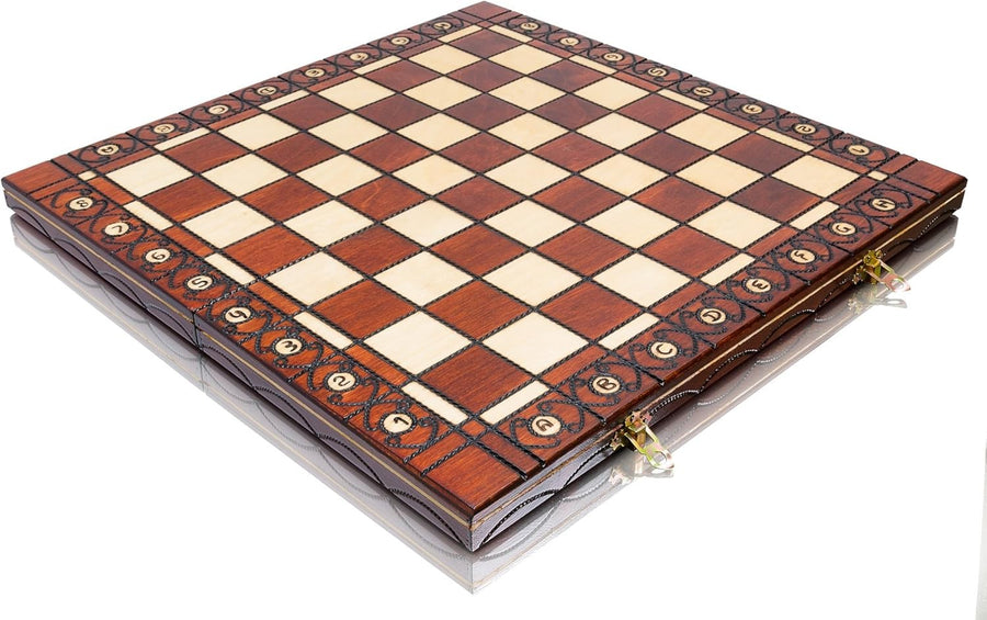 Wooden Folding Chess Board 41cm Handcrafted Burnt Design Luxury Portable Set
