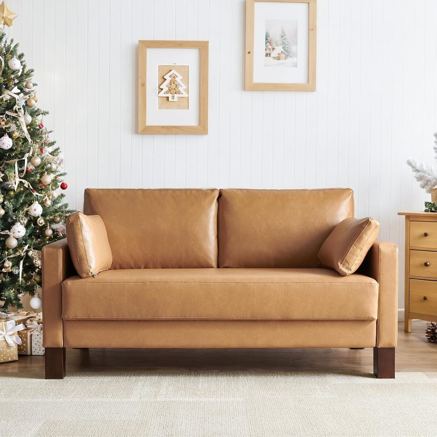 Leather Loveseat Sofa 2-3 Seater Leather Tan Modern Couch for Lounge or Office