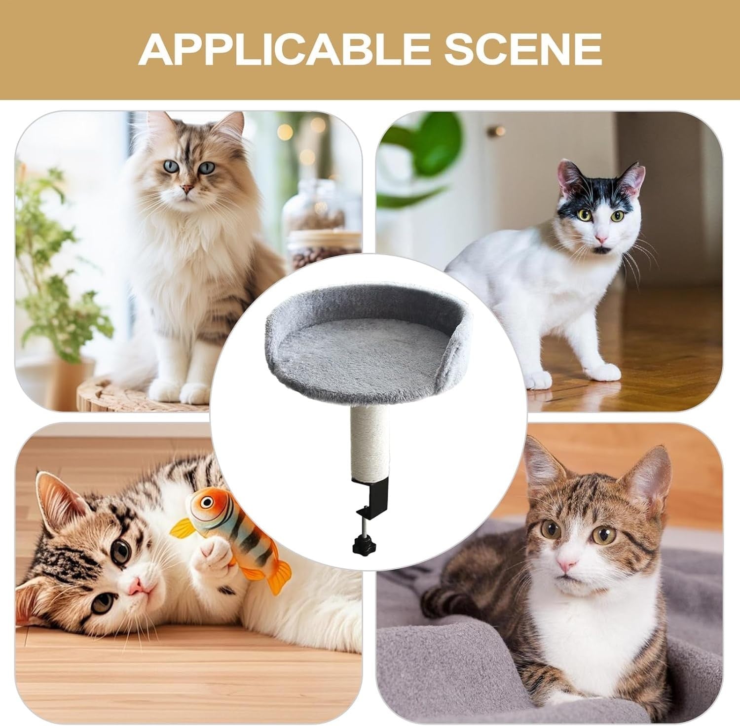 Desk Mounted Cat Bed Hammock w/ Scratching Post Removable Soft Pad