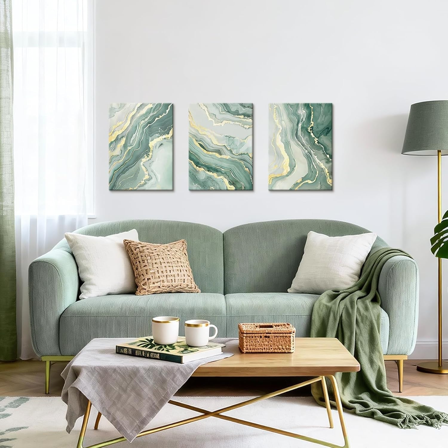 Set of 3 Sage Green Gold Abstract Canvas Wall Art 30x40cm