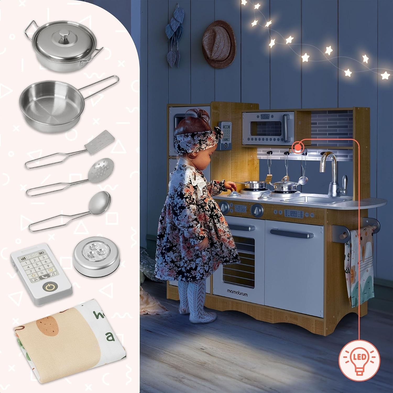 Wooden Kids Play Kitchen LED Lights Pretend Cooking Set Natural XL