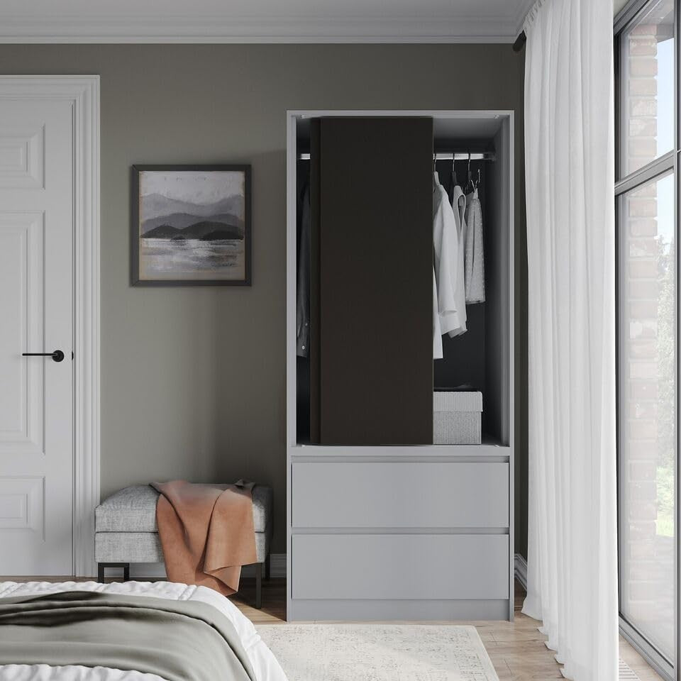 Modern 2-Door Sliding Wardrobe with Drawers, Silent Doors & Adjustable Feet