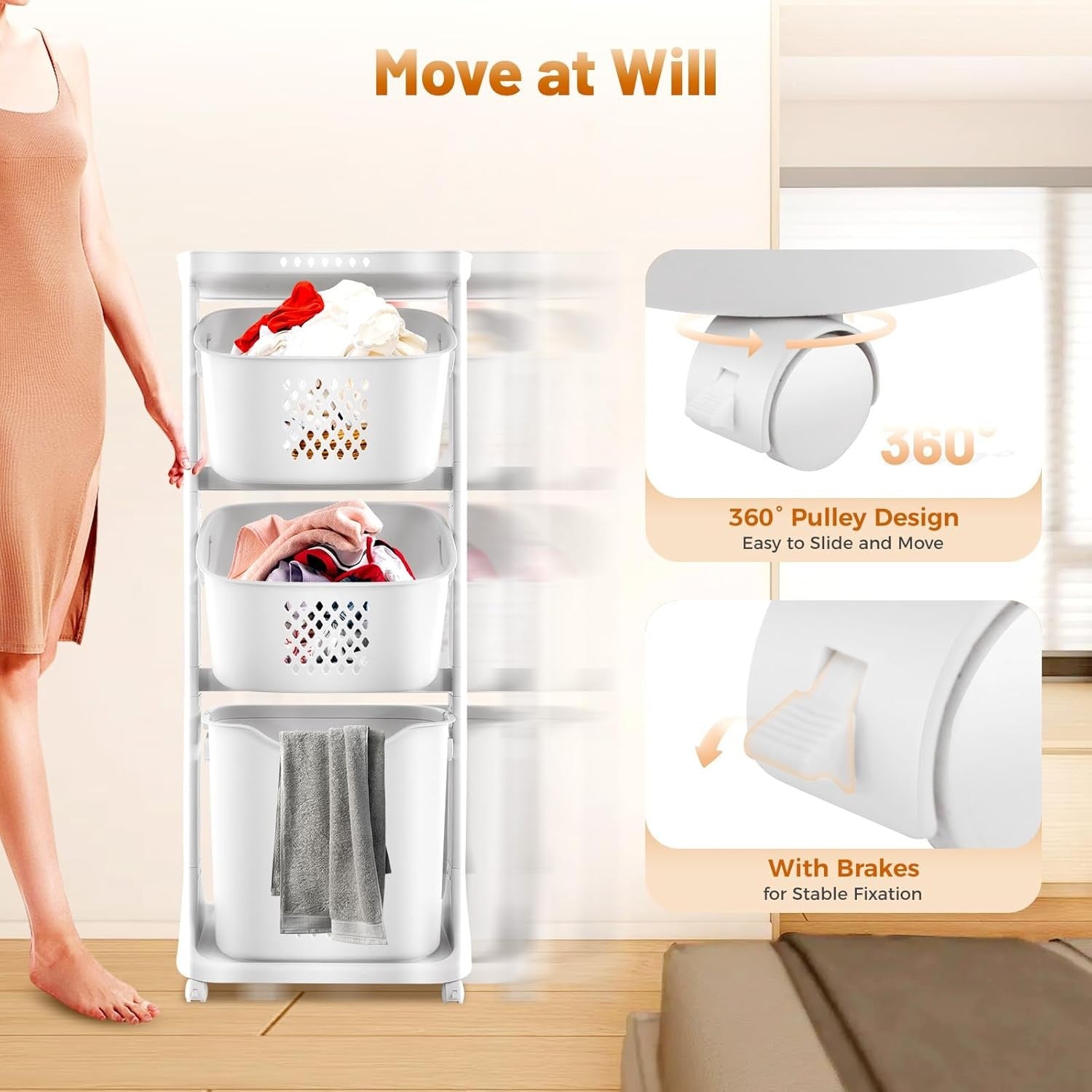 4-Tier Laundry Cart with Wheels Space Saving Hamper & Storage Baskets White