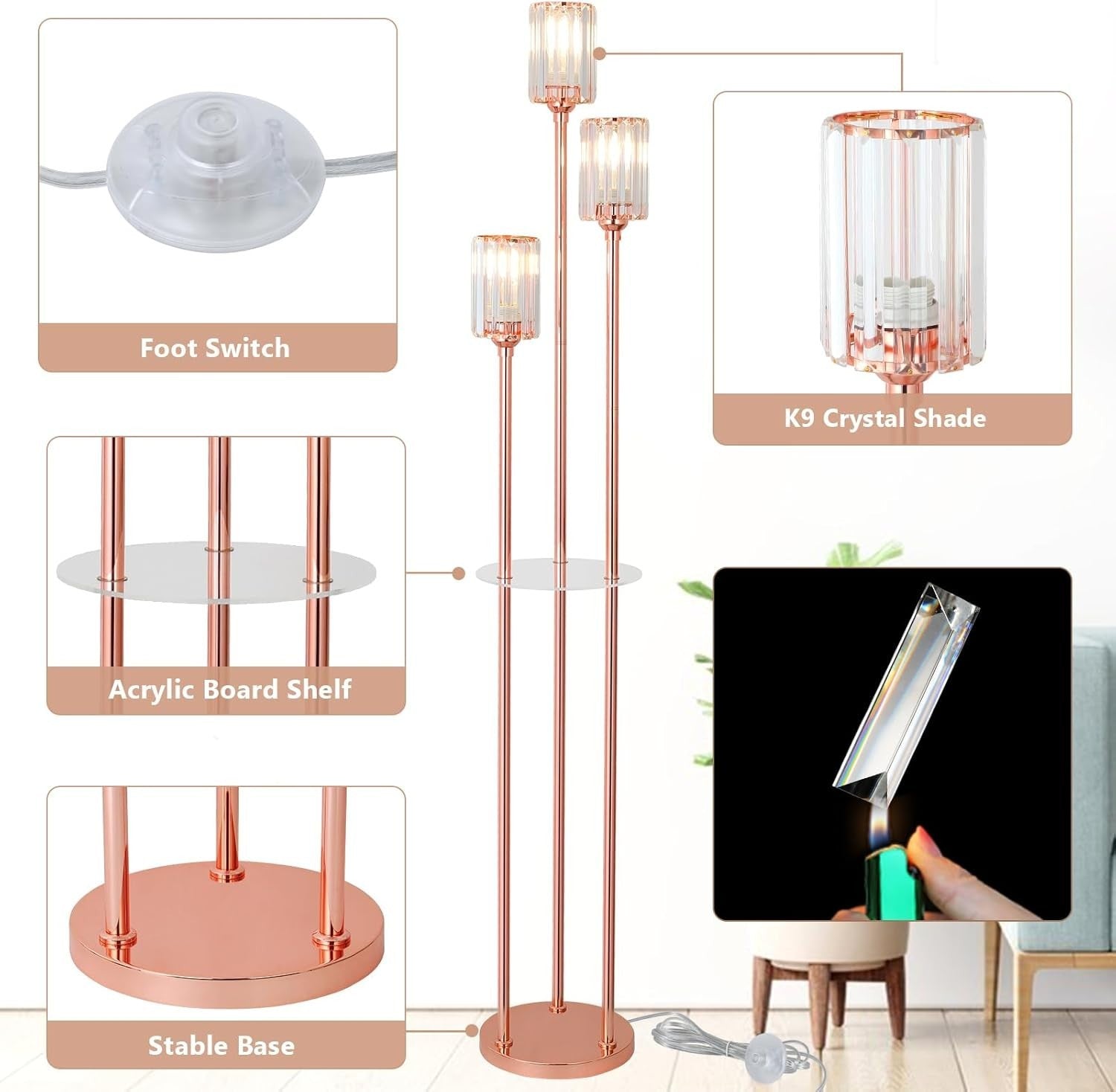 3-Light Rose Gold Floor Lamp with Glass Shades & Shelves | Modern Standing Light