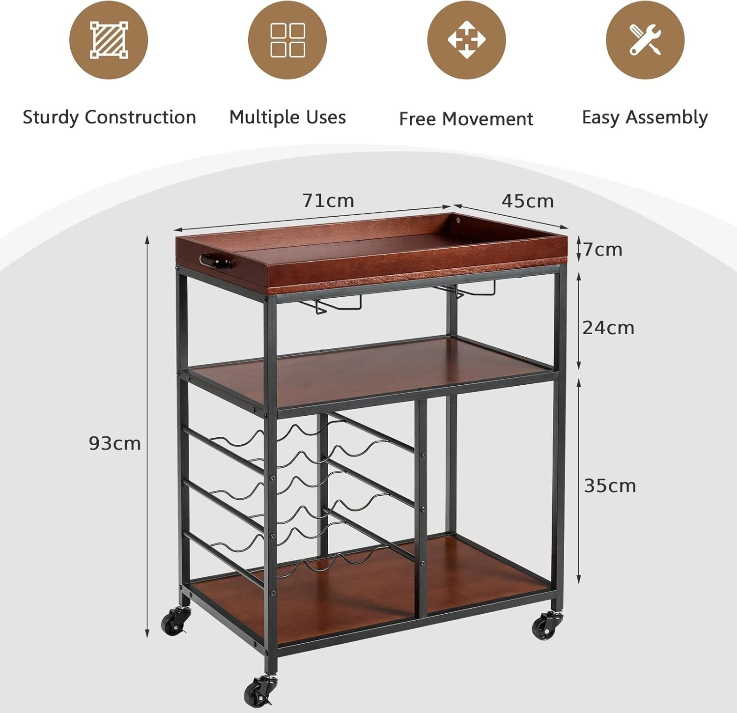 Kitchen Serving Trolley on Wheels Bar Cart Wine Rack Glass Holders 3 Tier
