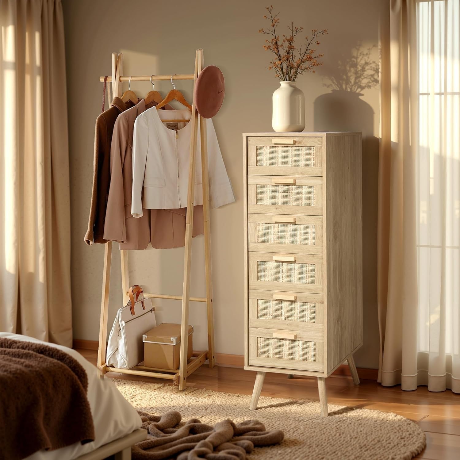 6 Drawer Rattan Chest Bedroom Storage Tall Wooden Legs Compact Organizer