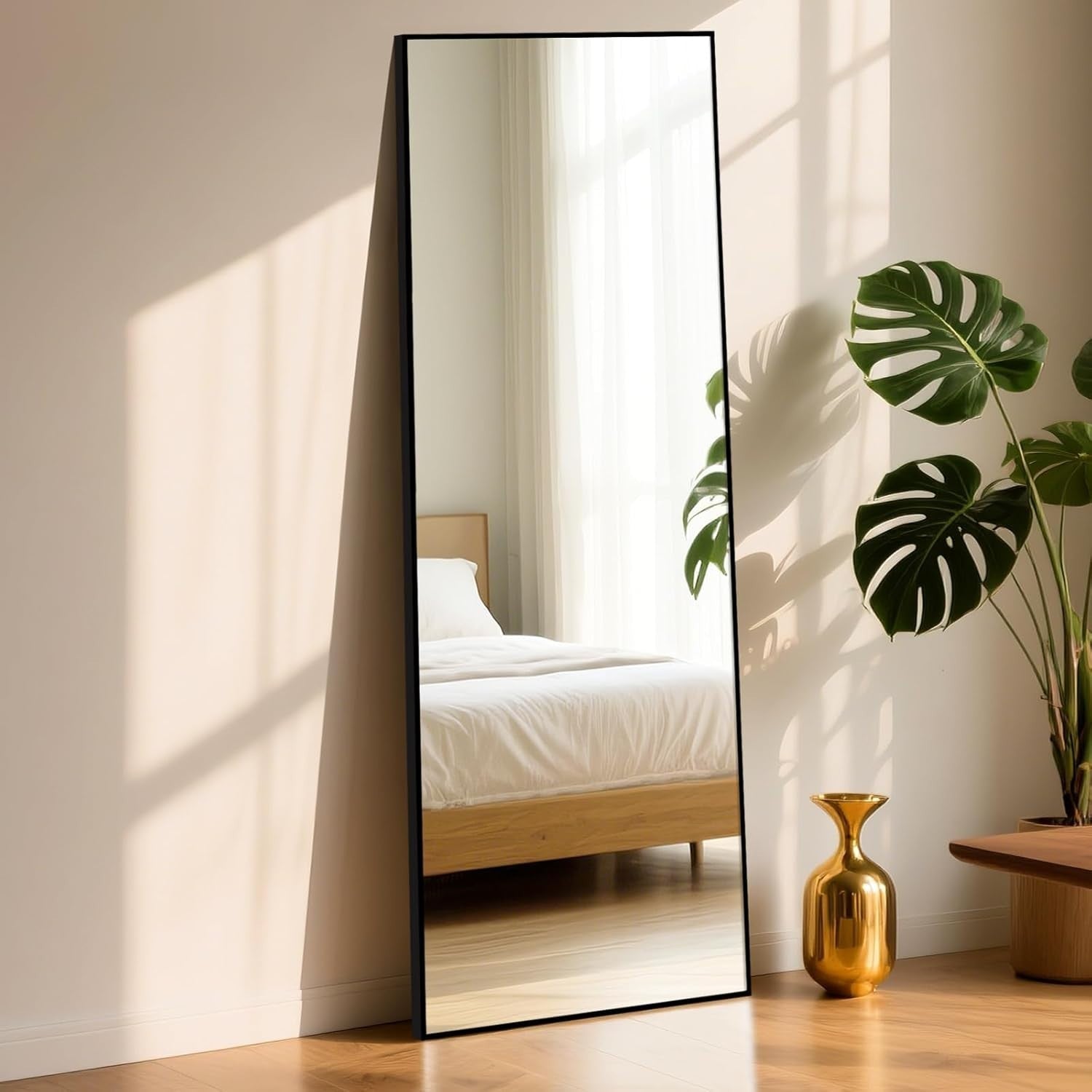 Full Length Mirror 163x53cm Square Black Frame, Shatterproof for Bedroom