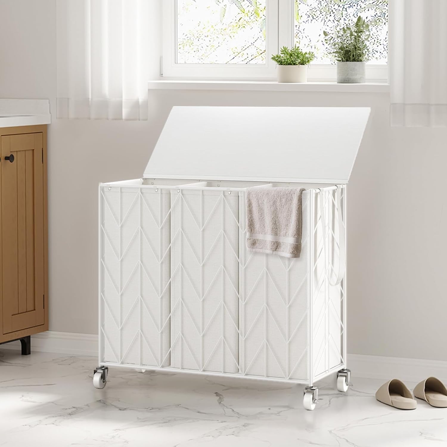 142L 3 Section Laundry Hamper with Wheels Lid & Removable Bags Large Organizer