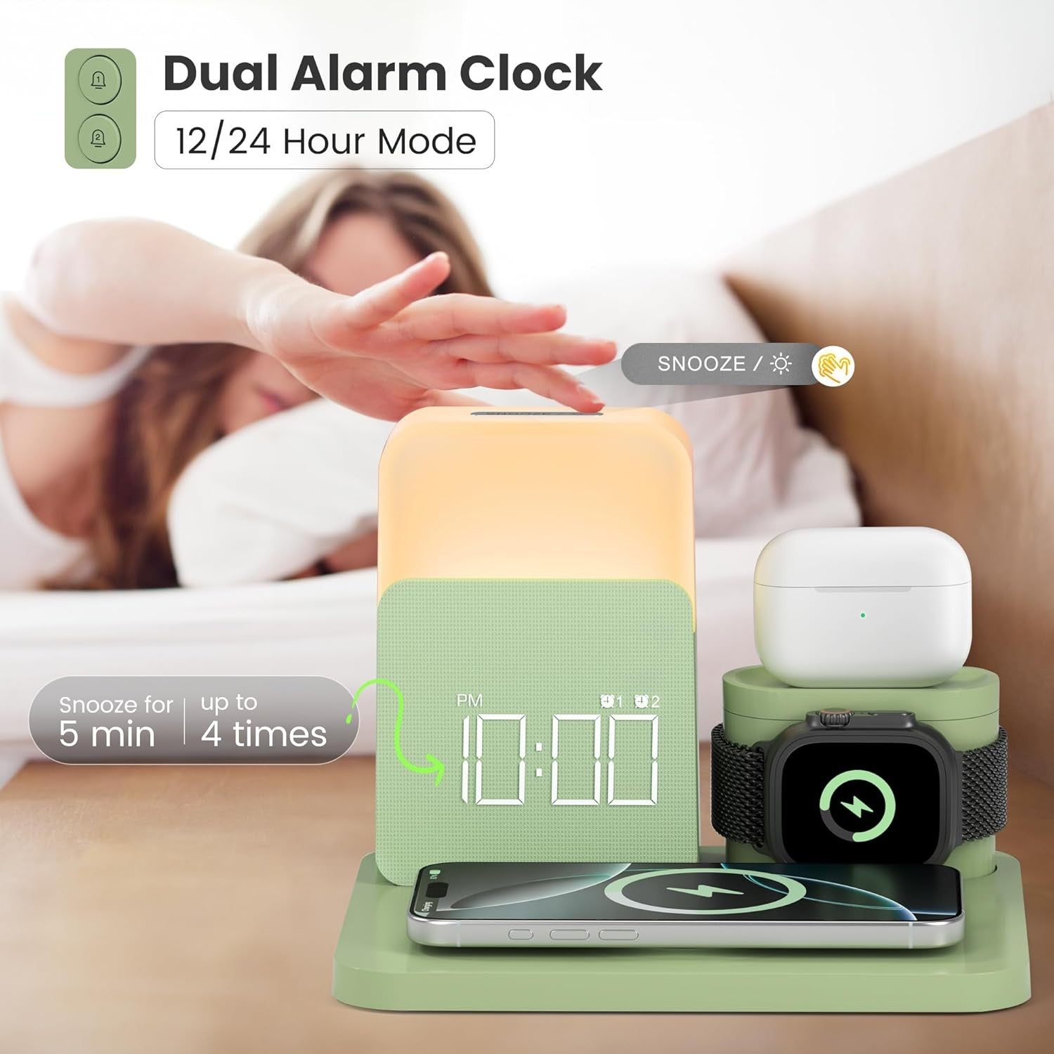 6 in 1 Wireless Charging Station Alarm Clock Night Light Magnetic Stand