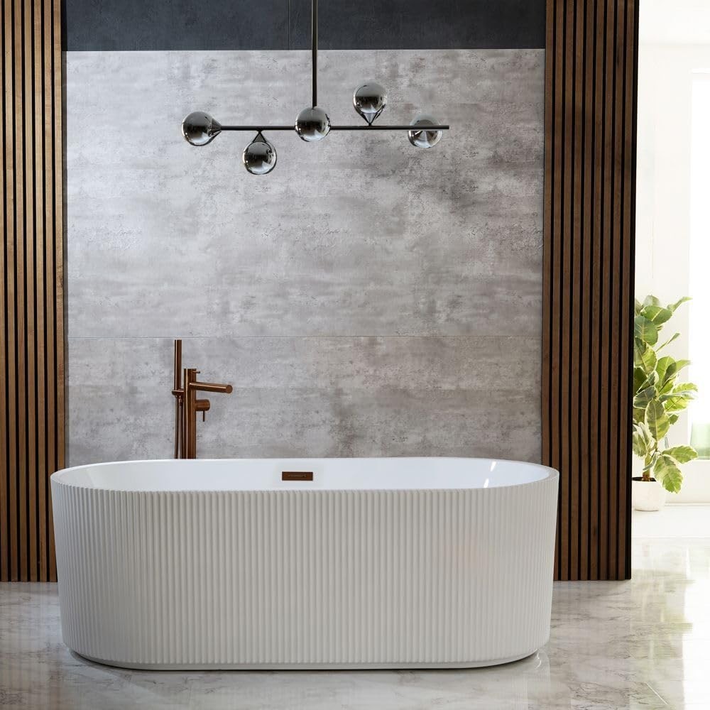 White Double Ended Freestanding Fluted Bath 1700x800mm Copper Overflow