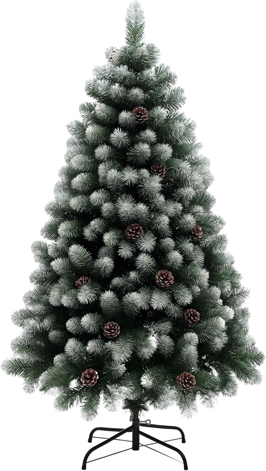 150cm Snow Dipped Pine Xmas Tree with Pinecones Hinged Branch Steel Base Decor