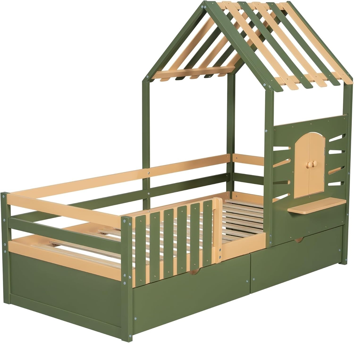 Kids Cabin Bed w/ Drawers 3FT Single Frame Pine House Style Safety Guard