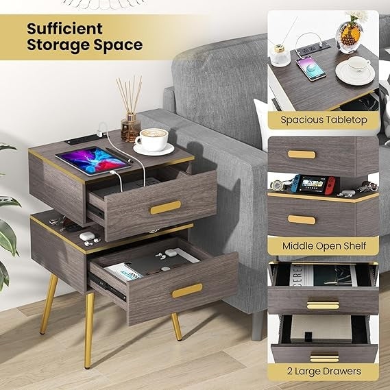 2x LED Smart Bedside Tables with Charging Station | 2-Drawer Modern Nightstands